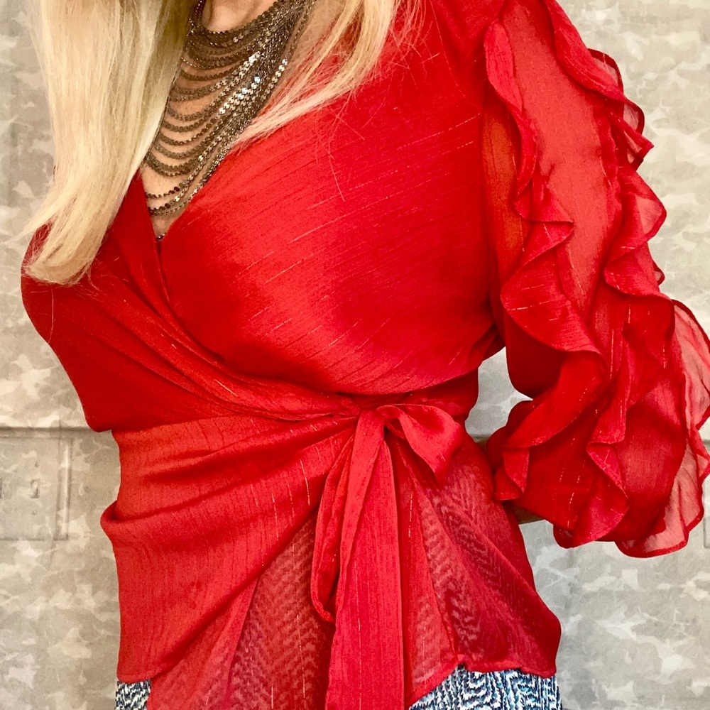 Red wrap blouse, with ruffled sleeves, size XL!